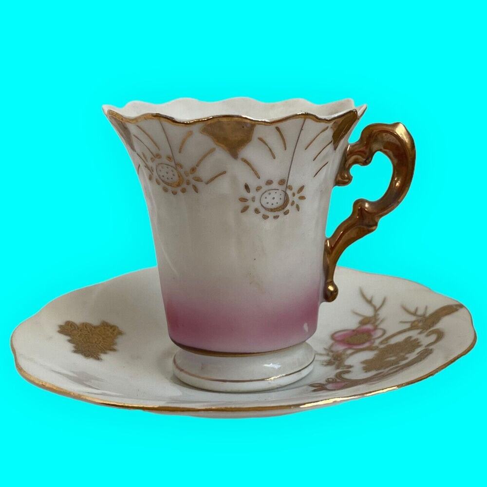 Occupied Japan Demitasse Cup & Japanese Saucer Hand Painted Pink and Gold